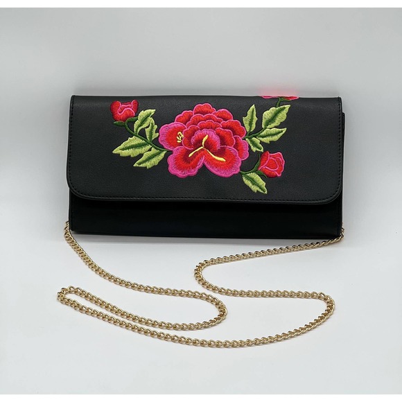 handmade Handbags - Rose Embroidered Clutch Cross Body Everything Bag with Gold-Toned Chain Strap 
